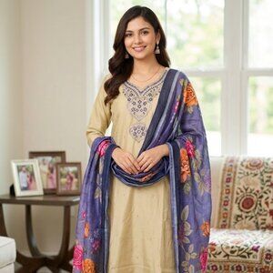 Regal Tan & Royal Purple Embroidered Kurta Set